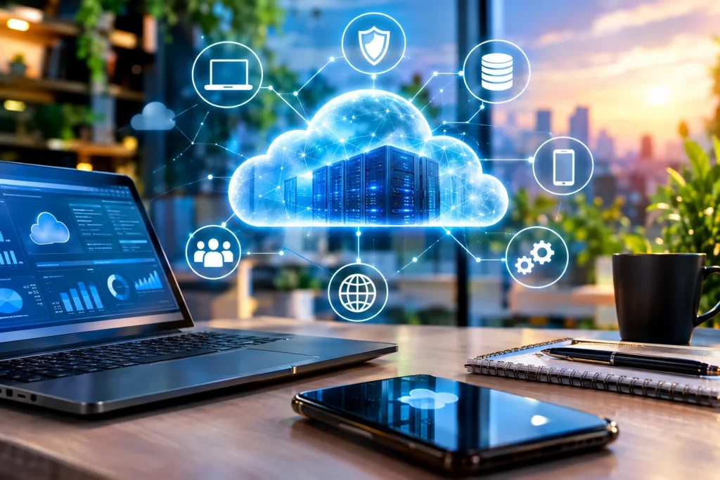 Computação em nuvem e transformação digital com servidores, dispositivos e conexão tecnológica