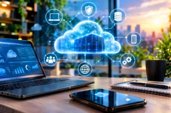 Computação em nuvem e transformação digital com servidores, dispositivos e conexão tecnológica