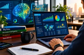 Profissional analisando dados empresariais em laptop com gráficos, indicadores e visualizações de inteligência analítica.