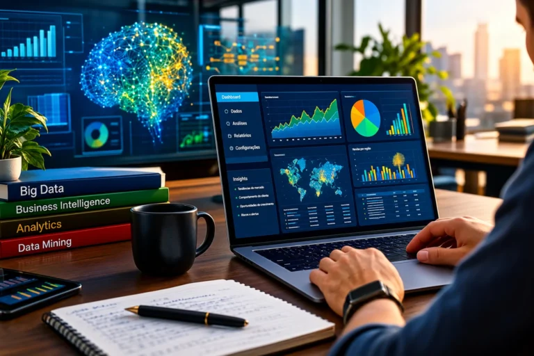 Profissional analisando dados empresariais em laptop com gráficos, indicadores e visualizações de inteligência analítica.