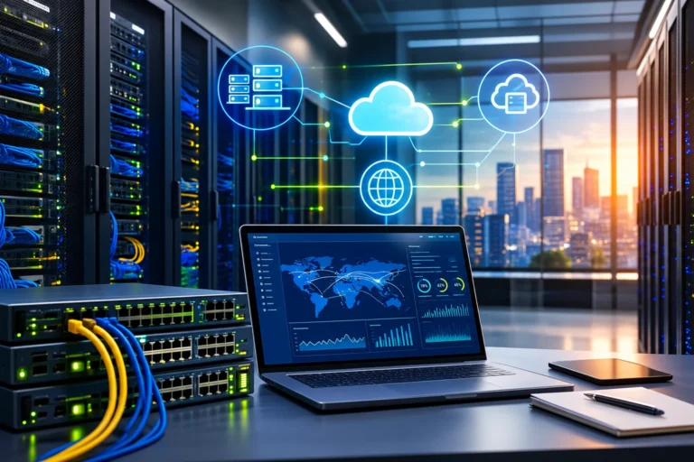 Redes avançadas para data centers e ambientes híbridos com servidores, switches e conexão em nuvem