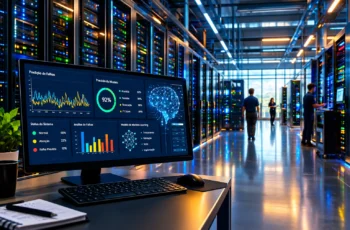Computador em ambiente de servidor exibindo um painel de machine learning com gráficos de predição de falhas e inteligência artificial.