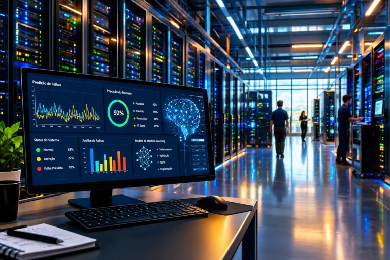 Computador em ambiente de servidor exibindo um painel de machine learning com gráficos de predição de falhas e inteligência artificial.