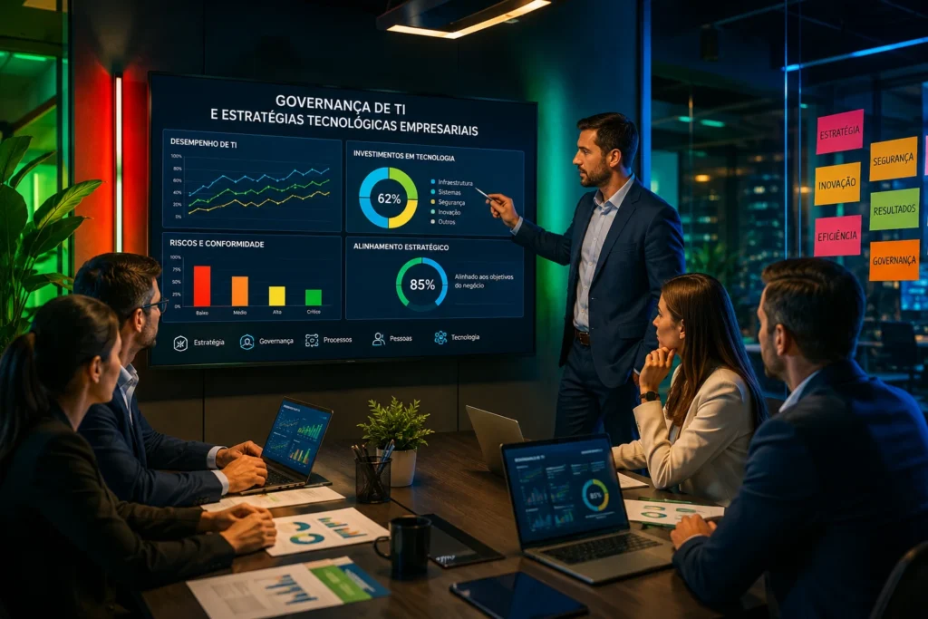 Governança de TI e estratégias tecnológicas empresariais em reunião corporativa com análise de dados e indicadores