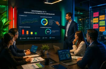 Governança de TI e estratégias tecnológicas empresariais em reunião corporativa com análise de dados e indicadores