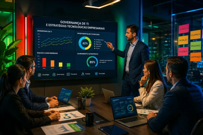 Governança de TI e estratégias tecnológicas empresariais em reunião corporativa com análise de dados e indicadores