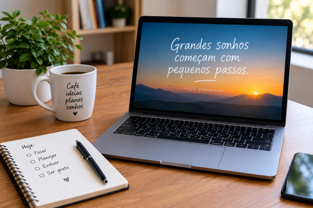 Notebook aberto sobre uma mesa de madeira exibindo tela com paisagem ao nascer do sol, acompanhado de xícara de café e caderno de anotações, ilustrando conceitos de programação funcional aplicada a sistemas escaláveis.
