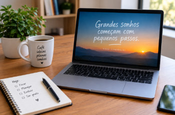 Notebook aberto sobre uma mesa de madeira exibindo tela com paisagem ao nascer do sol, acompanhado de xícara de café e caderno de anotações, ilustrando conceitos de programação funcional aplicada a sistemas escaláveis.