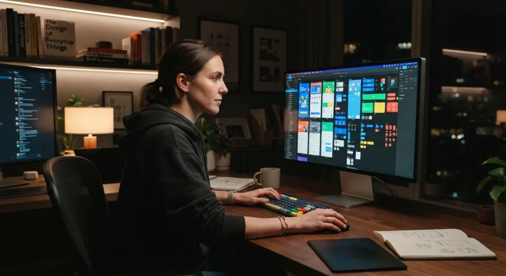 Designer profissional criando interfaces digitais de UX/UI em um computador moderno com iluminação realista.