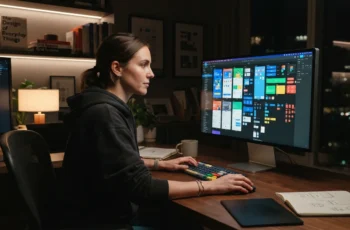 Designer profissional criando interfaces digitais de UX/UI em um computador moderno com iluminação realista.