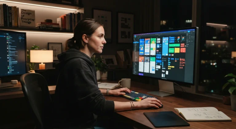 Designer profissional criando interfaces digitais de UX/UI em um computador moderno com iluminação realista.