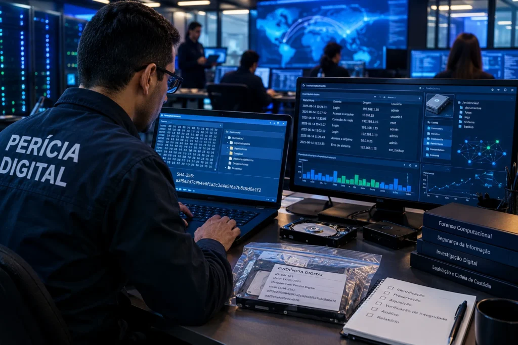 Especialista em forense computacional analisa evidências digitais, registros de eventos, hashes criptográficos e dispositivos de armazenamento em um laboratório de investigação digital.