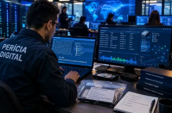 Especialista em forense computacional analisa evidências digitais, registros de eventos, hashes criptográficos e dispositivos de armazenamento em um laboratório de investigação digital.