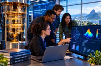 Equipe de pesquisadores em laboratório de computação quântica analisando dados, circuitos quânticos e resultados de medições em equipamentos avançados.