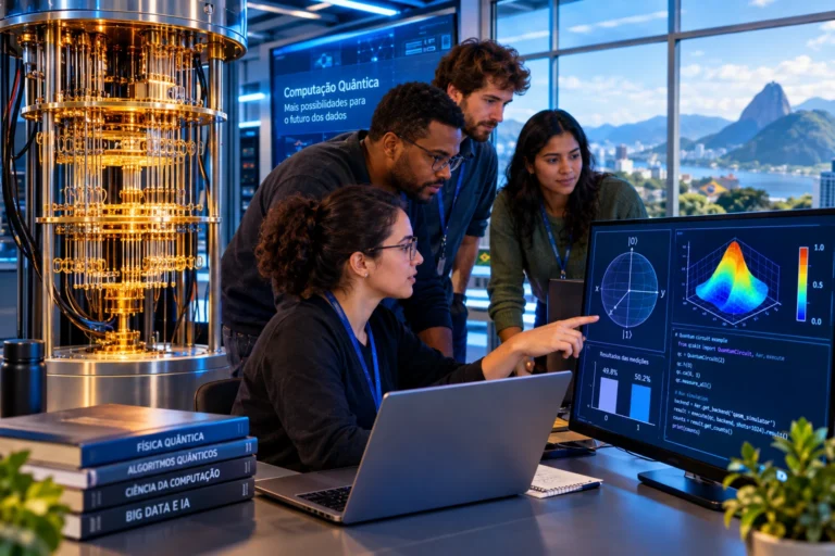 Equipe de pesquisadores em laboratório de computação quântica analisando dados, circuitos quânticos e resultados de medições em equipamentos avançados.