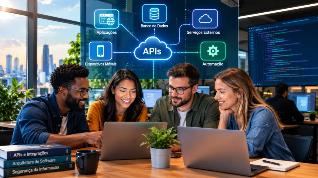 Equipe de tecnologia trabalhando com APIs modernas e integração inteligente entre sistemas em ambiente corporativo.