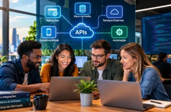 Equipe de tecnologia trabalhando com APIs modernas e integração inteligente entre sistemas em ambiente corporativo.
