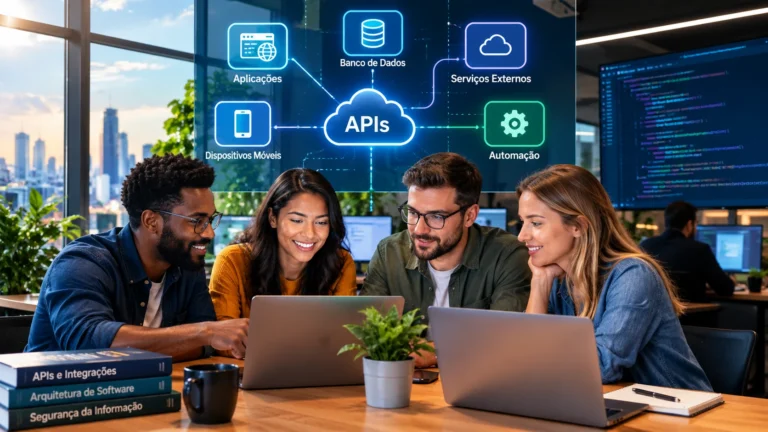 Equipe de tecnologia trabalhando com APIs modernas e integração inteligente entre sistemas em ambiente corporativo.
