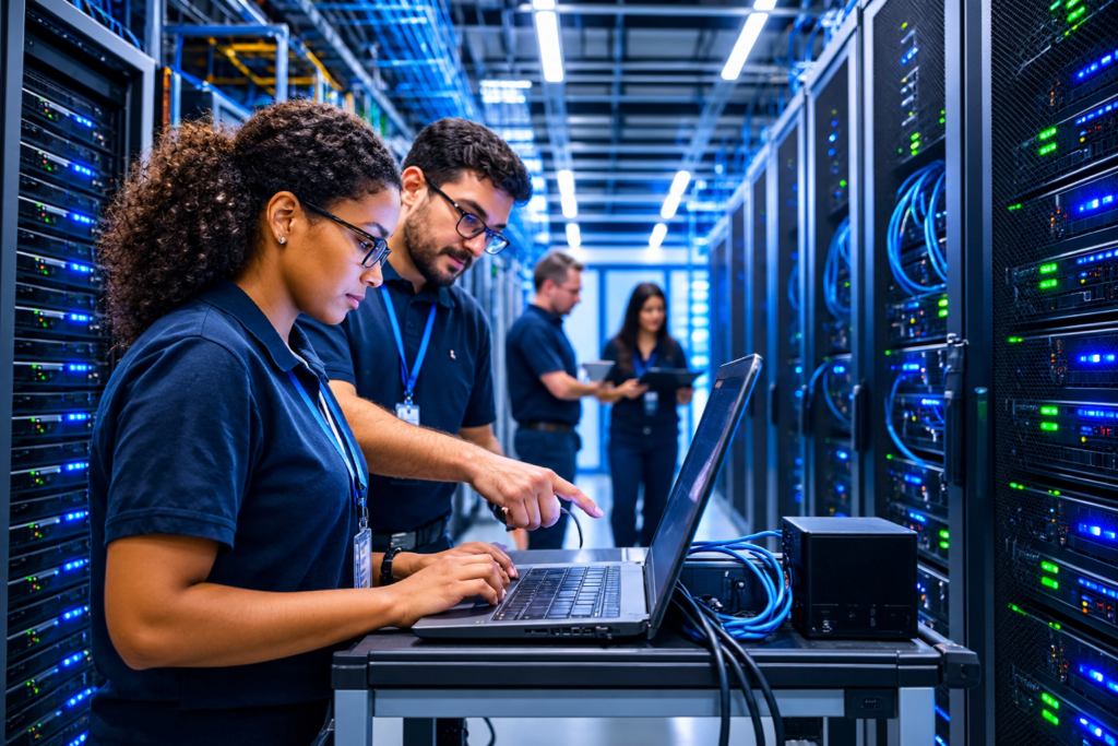 Dois técnicos de TI, uma mulher negra e um homem com óculos, trabalham colaborativamente em um notebook apoiado em um carrinho móvel dentro de um corredor de data center moderno, cercado por racks de servidores iluminados com luzes LED azuis e verdes. A mulher digita enquanto o homem aponta para a tela. Ao fundo, outros dois colegas também trabalham.