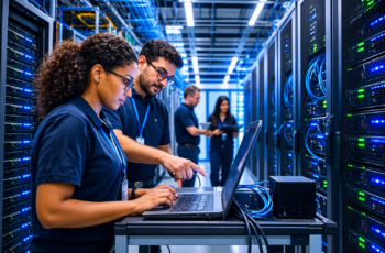 Dois técnicos de TI, uma mulher negra e um homem com óculos, trabalham colaborativamente em um notebook apoiado em um carrinho móvel dentro de um corredor de data center moderno, cercado por racks de servidores iluminados com luzes LED azuis e verdes. A mulher digita enquanto o homem aponta para a tela. Ao fundo, outros dois colegas também trabalham.